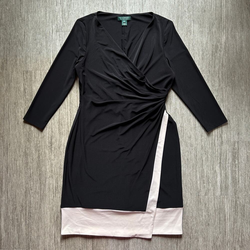 Lauren Ralph Lauren Black/White V-Neck Long Sleeve Stretchy Wrap Dress Size 12